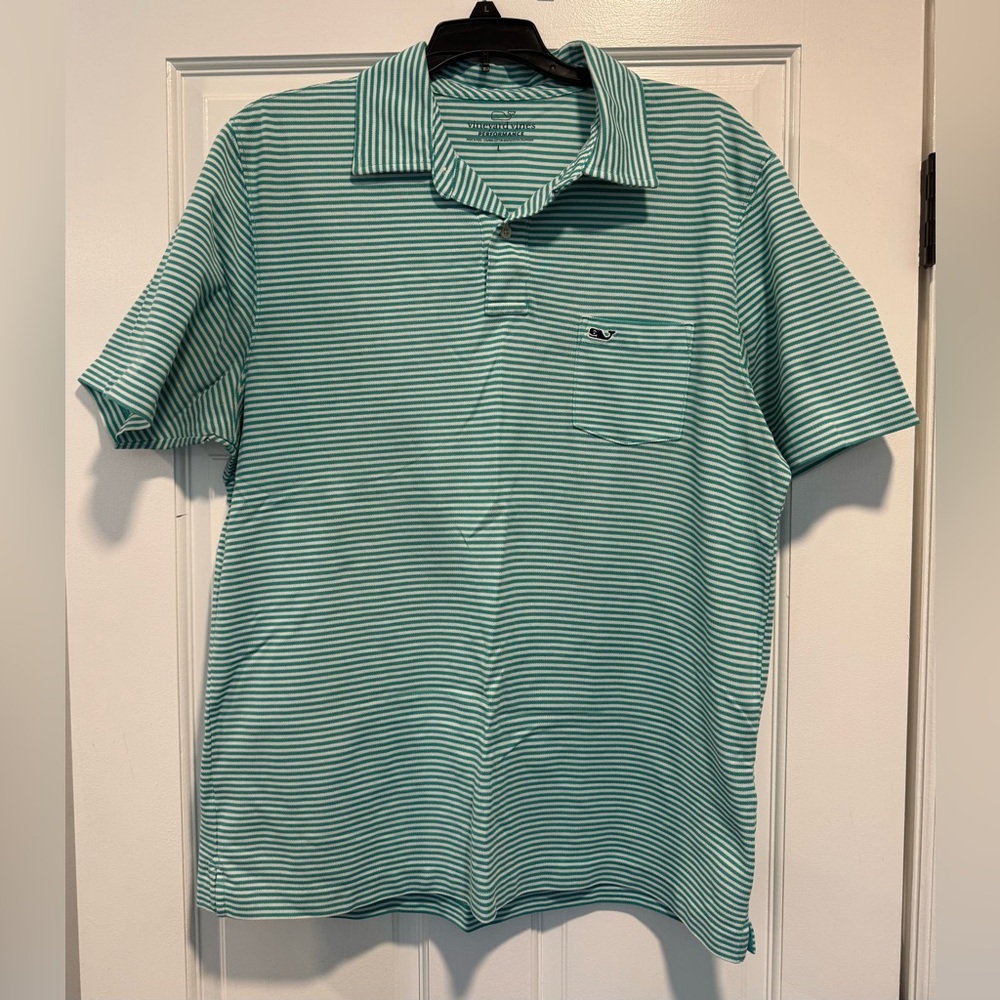 Men’s Large Vineyard Vines Performance Polo Green and White Stripes Used